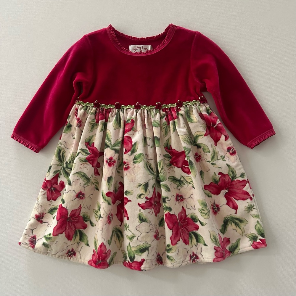 Baby Lulu 12 Months Velvet Red Cream Floral Dress Holiday Christmas